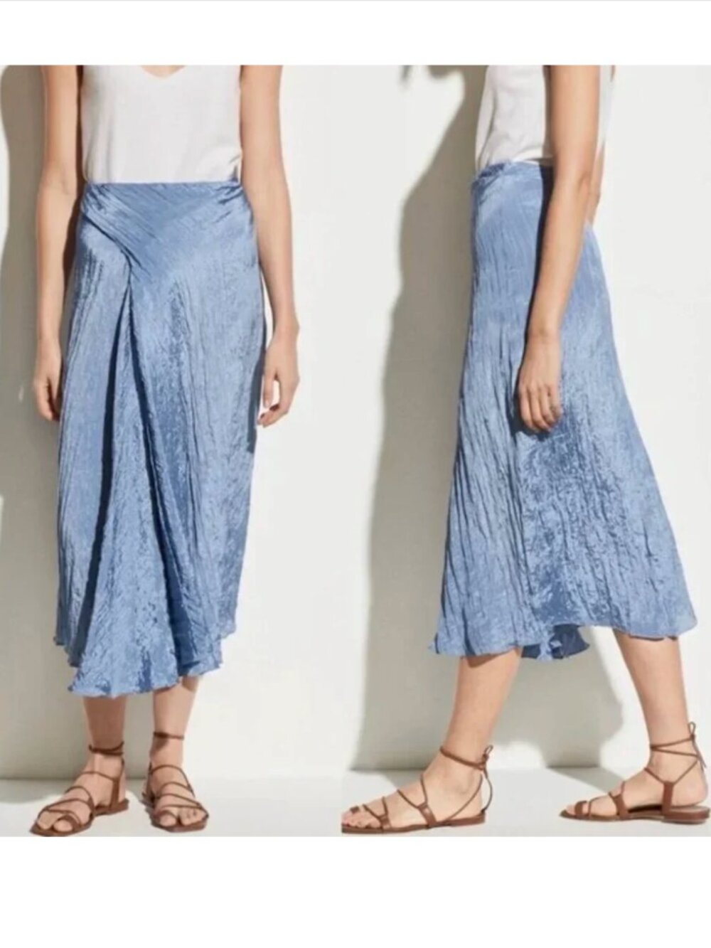 Vince 4 S Textured Draped Sky Teal Blue Midi Skirt Asymmetric Gathered Silky